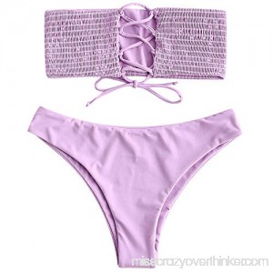 ZAFUL Women's Strapless Lace-up Smocked Bandeau Swimsuits Two Piece Bikini Set Light Purple B07M5TN9P1